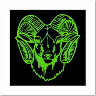 Mascot Head of a Ram (Drawing - Illustration) Bright Green Posters and Art
